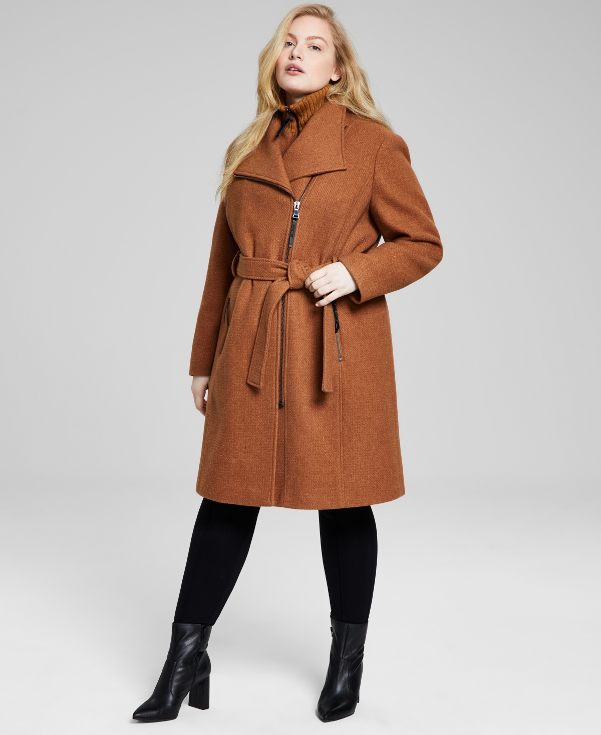 Calvin Klein Womens Plus Size Belted Asymmetric Wrap Coat, Created For Macys In Dark Camel