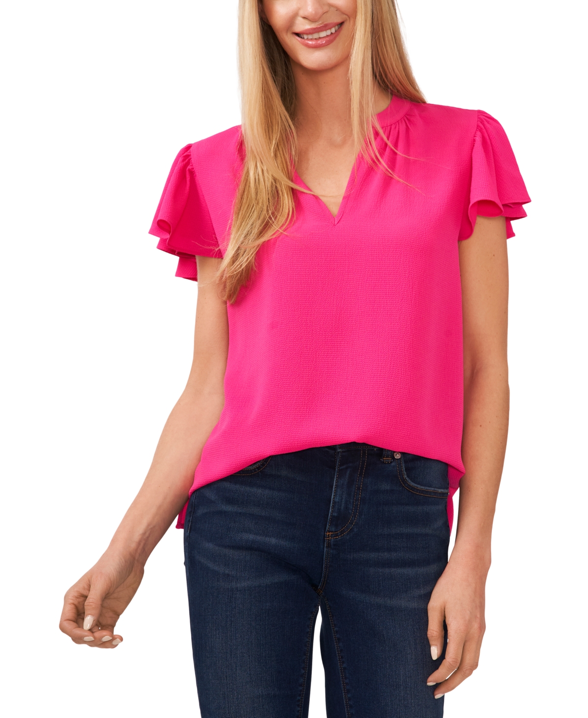 Cece Women's Short Ruffled Sleeve Solid V-neck Blouse In Bright Rose