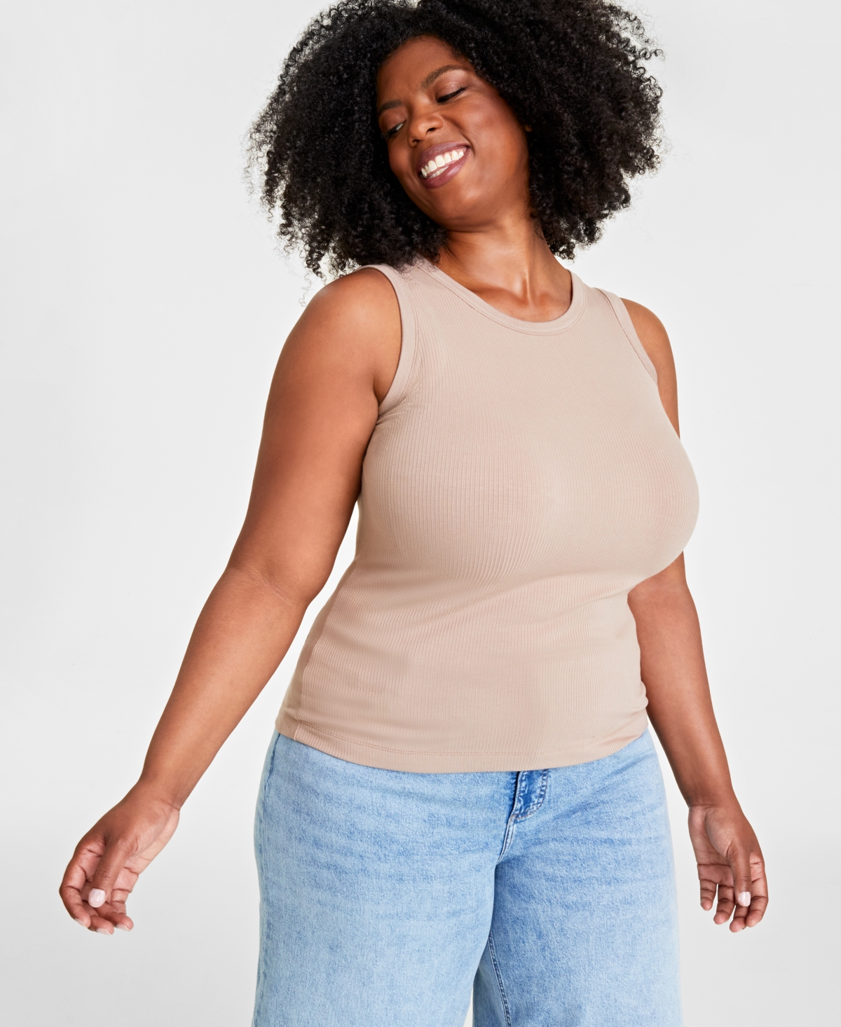 On 34th Trendy Plus Size Solid Ribbed Tank Top, Created For Macy's In Antique Blush