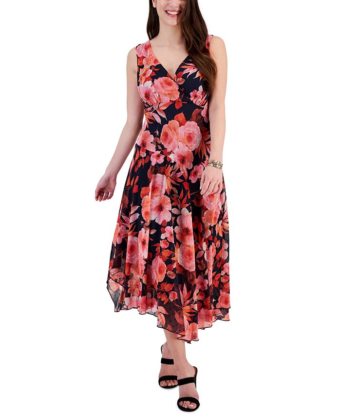 Connected Women's Floral-Print Clip-Dot Handkerchief-Hem Dress - Macy's