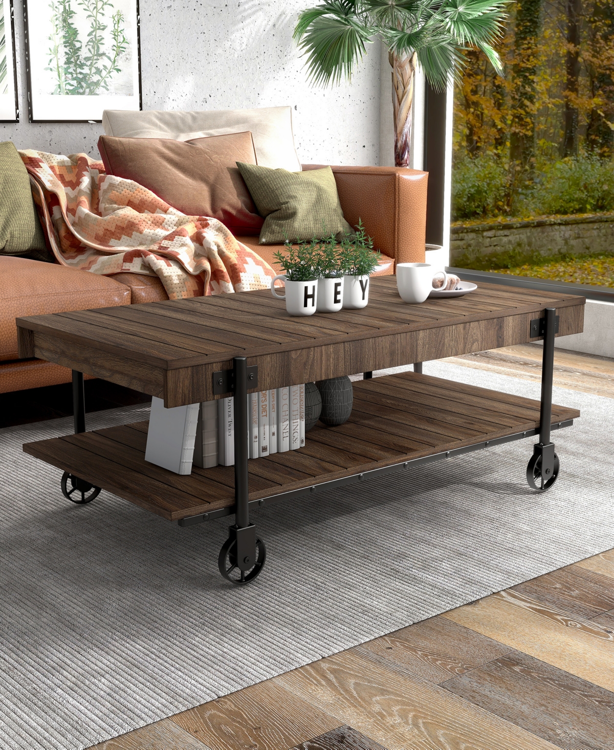 Furniture of America Luther Steel Rectangle Coffee Table - Black and Dark Walnut