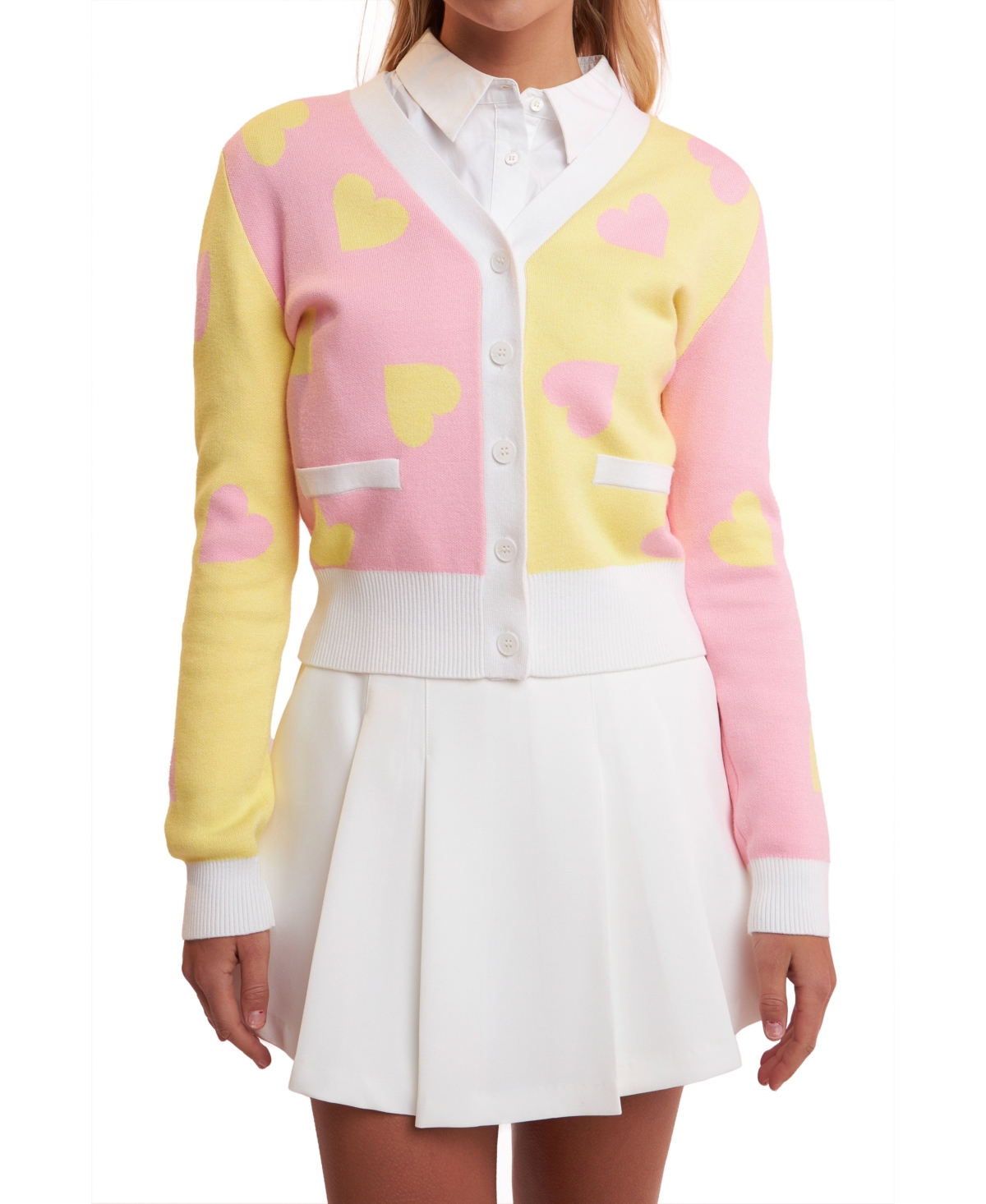 English Factory Heart Shape Cardigan In Pink/yellow