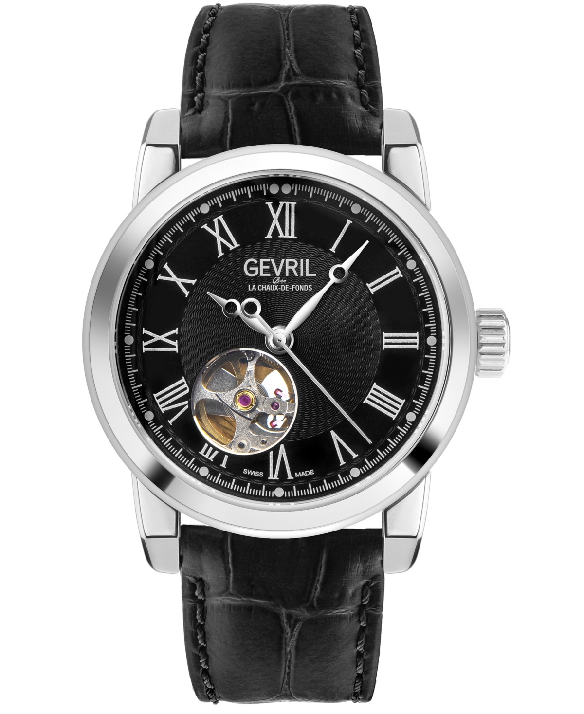 Shop Gevril Men's Madison Swiss Automatic Black Leather Watch 39mm In Silver