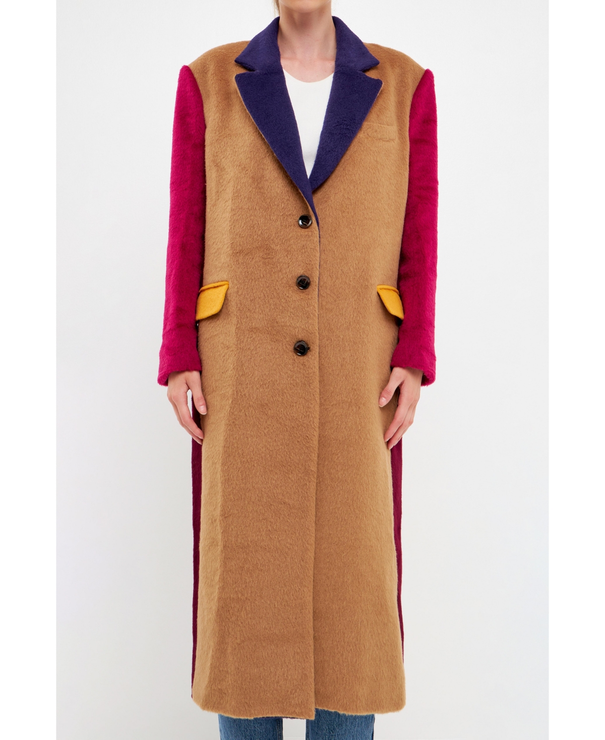 English Factory Fringe Premium Colorblock Oversized Coat In Camel Multi