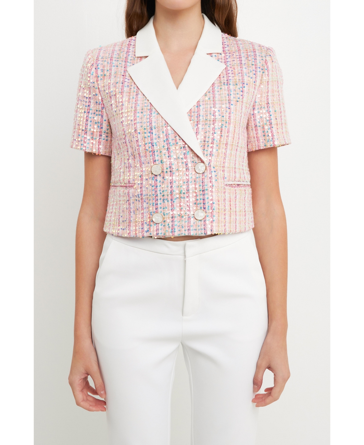 Endless Rose Sequin Crop Tweed Jacket In Pink