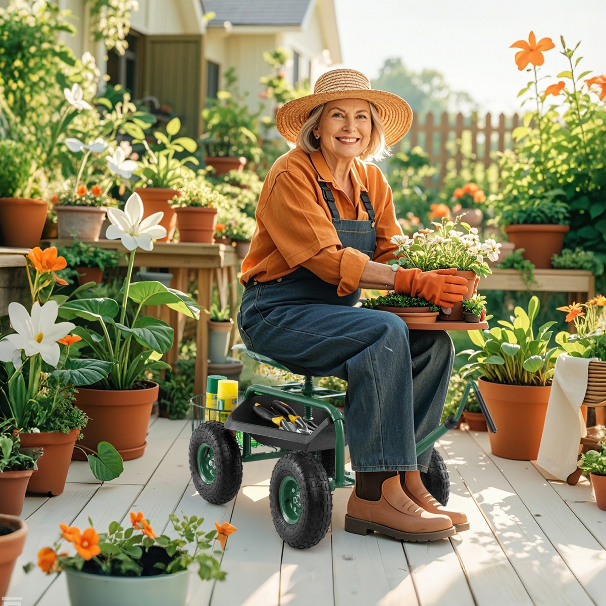 Garden Cart Rolling Work Seat for Planting w/E xtendable Handle