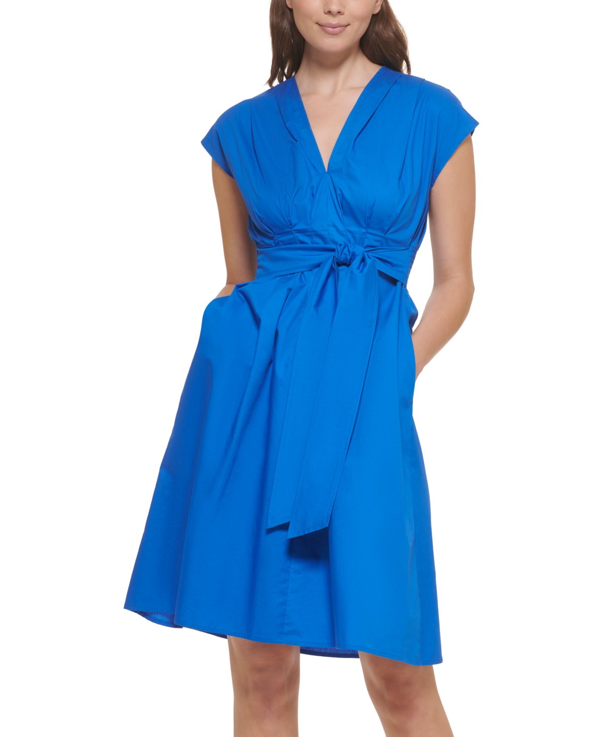 Kensie V-neck Cotton Belted Waist Dress In Blue