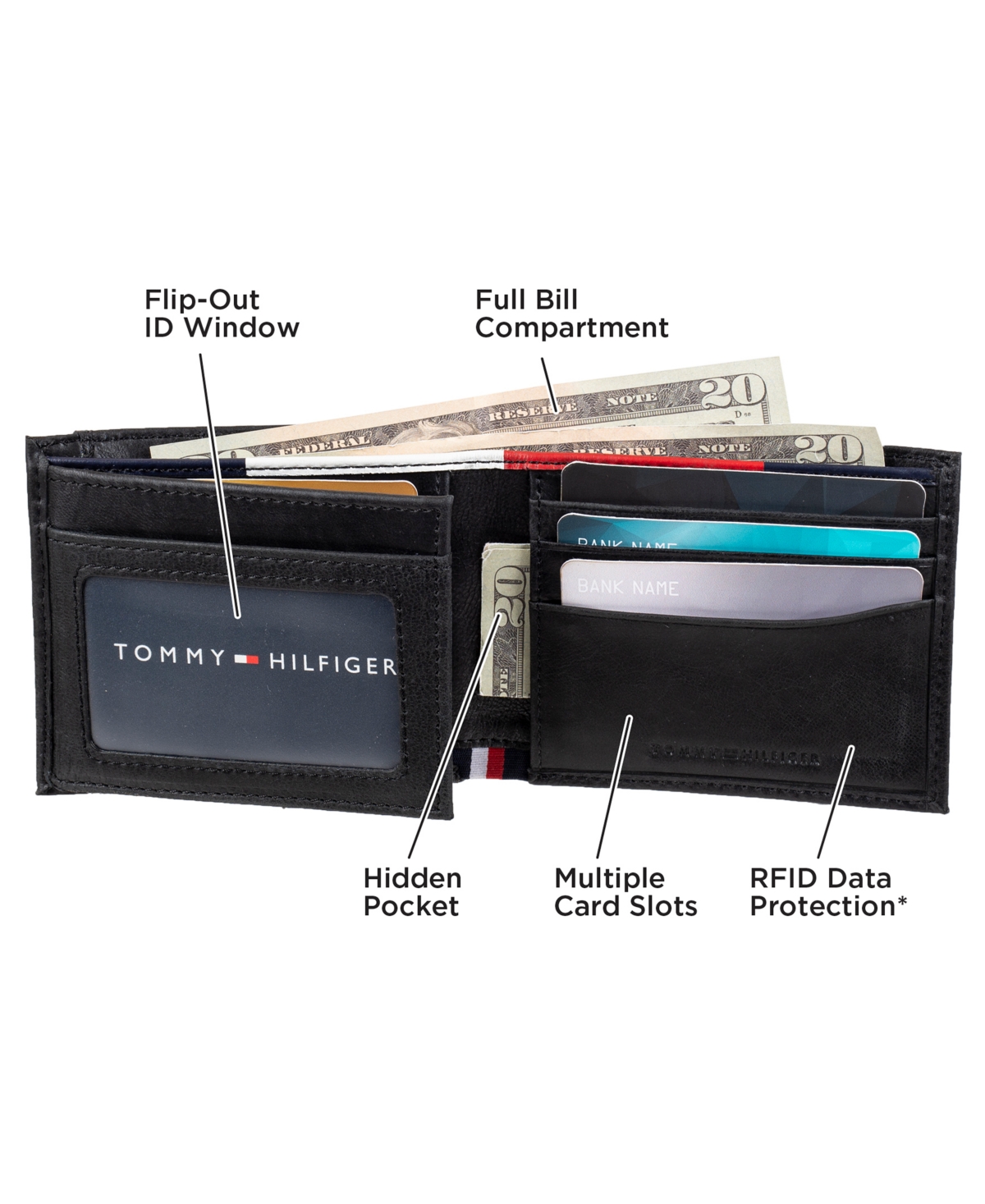 Tommy Hilfiger Men's Rfid Traveler Signature Leather Wallet