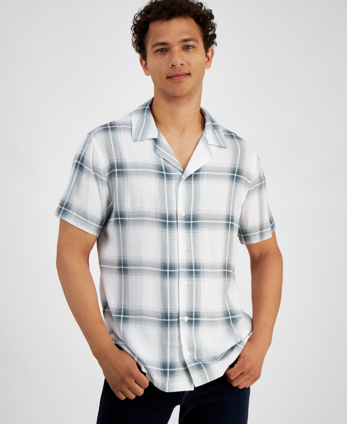 And Now This Men's Regular-fit Plaid Button-down Camp Shirt, Created For Macy's In Green