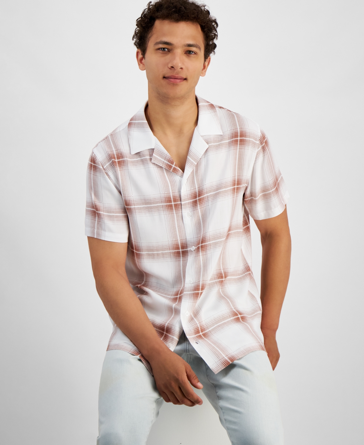 Men's Regular-Fit Plaid Button-Down Camp Shirt, Created for Macy's - Beige