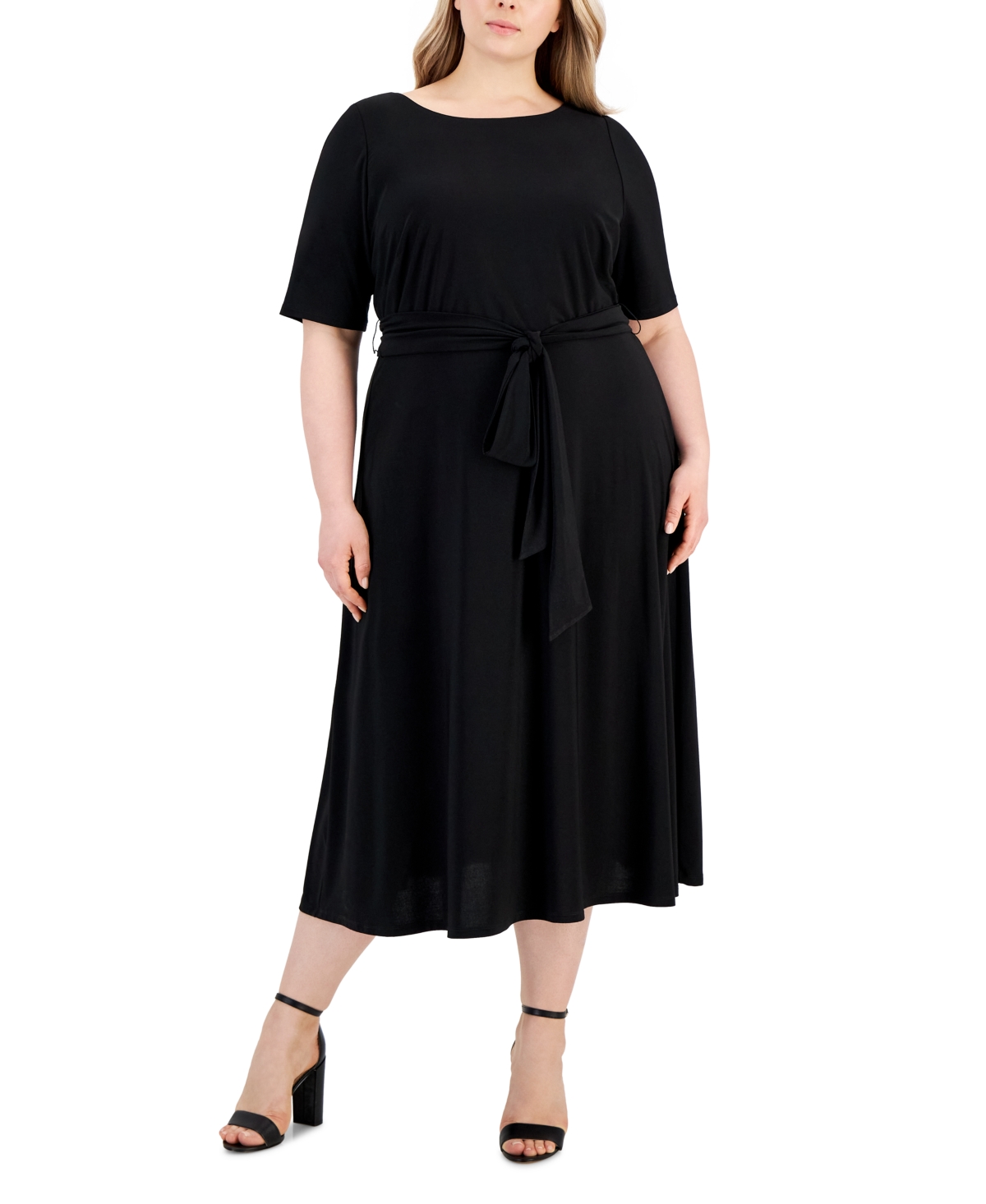 Plus Size Fit & Flare Tie-Waist Knit Midi Dress - Black