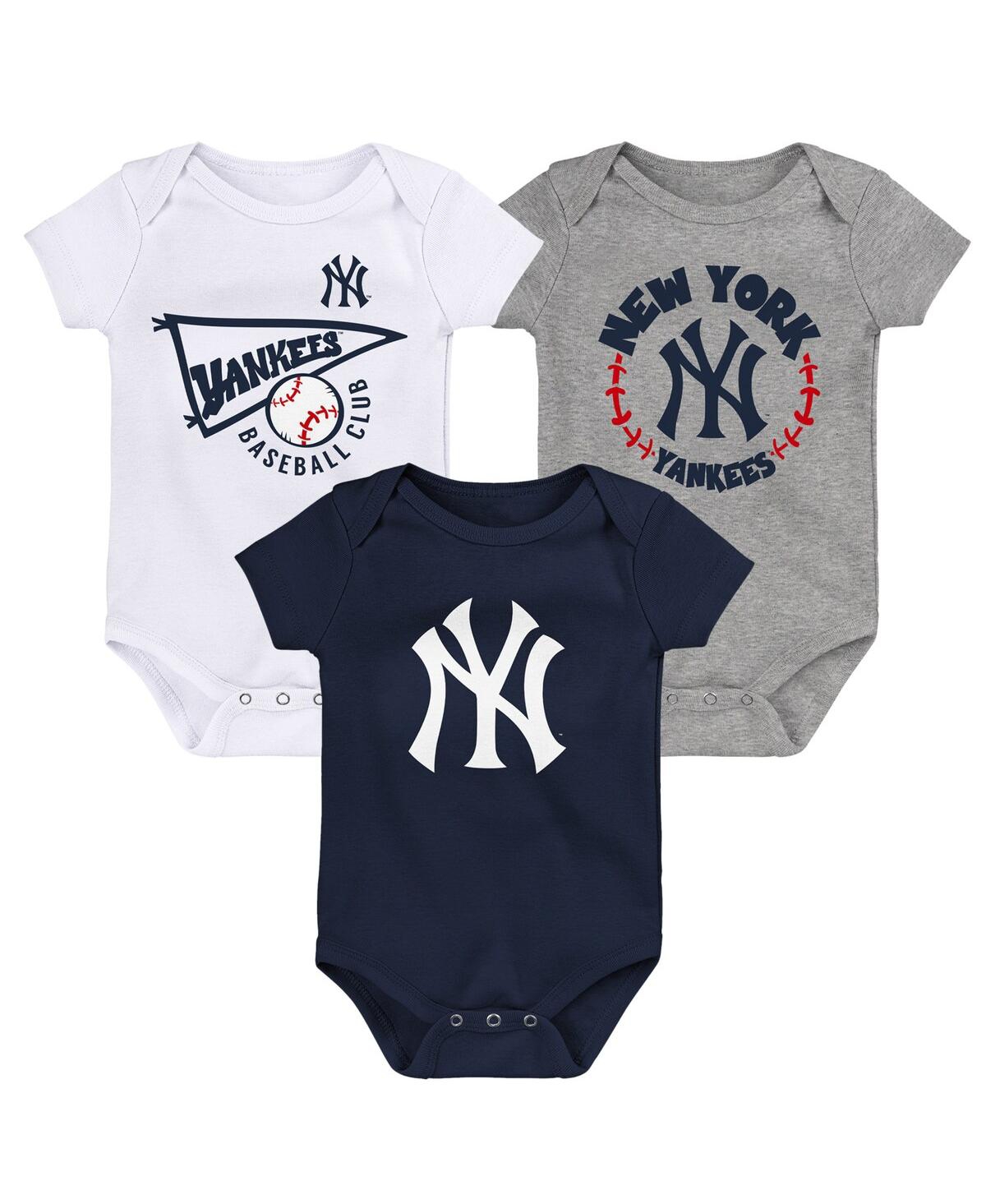 Outerstuff Babies' Infant Boys And Girls Navy, White, Heather Grey New York Yankees Biggest Little Fan 3-pack Bodysuit In Navy,white,heather Grey