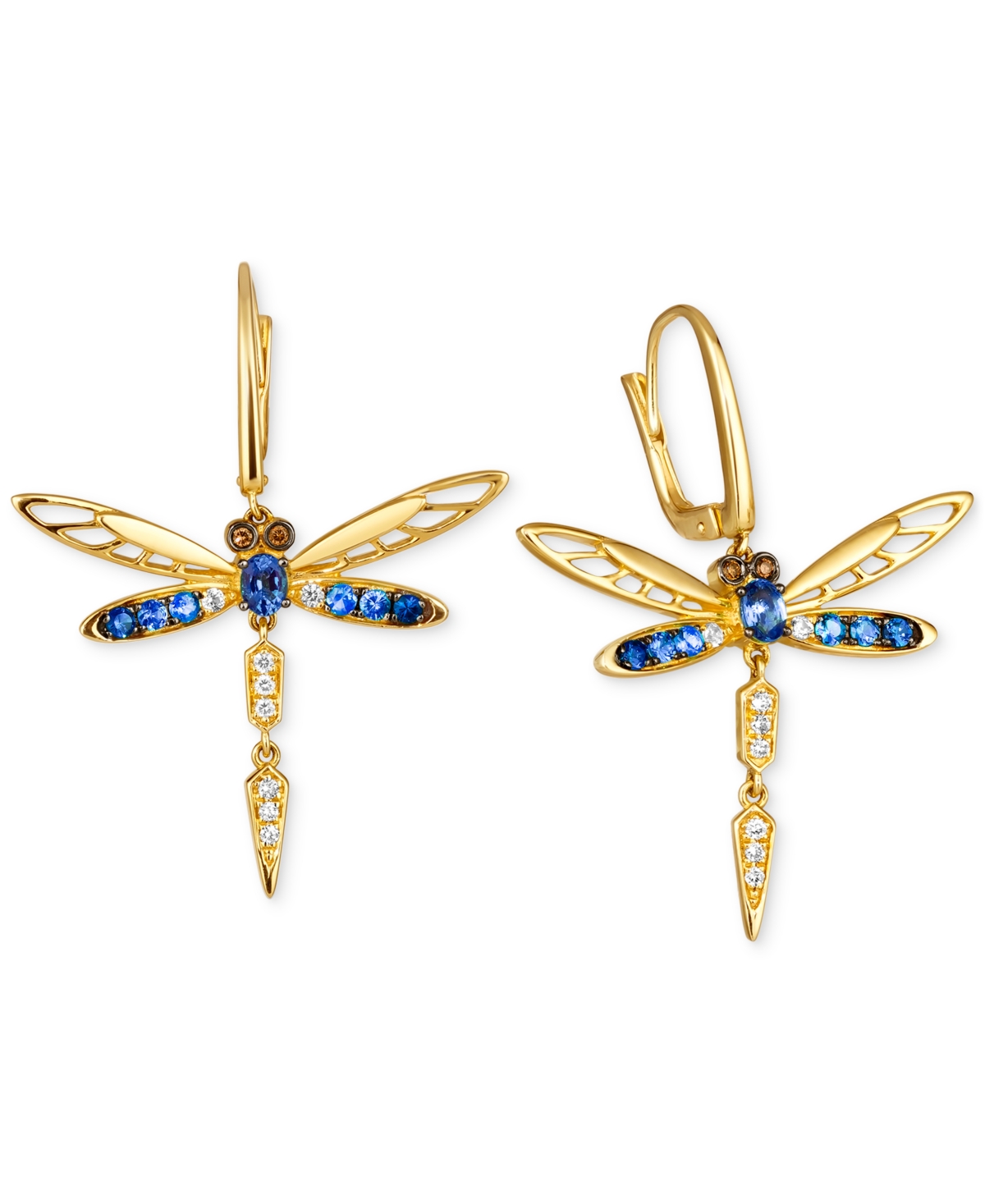 Ombre Multi-Gemstone (7/8 ct. t.w.) & Diamond (1/8 ct. t.w.) Dragonfly Drop Earrings in 14k Gold - K Honey Gold Earrings
