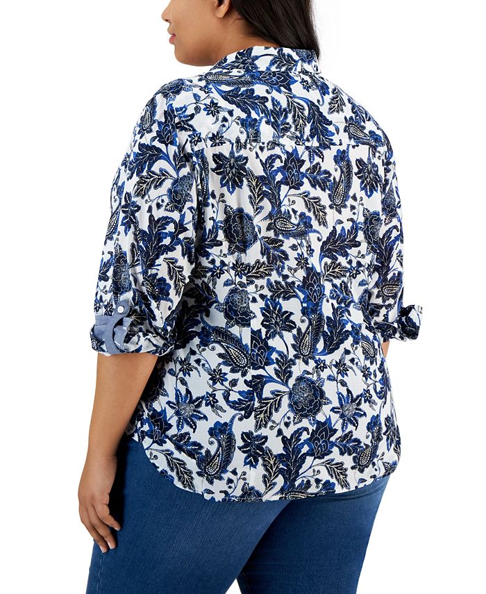 Tommy Hilfiger Plus Size Cotton Floral Roll Tab Button Down Shirt - Macy's