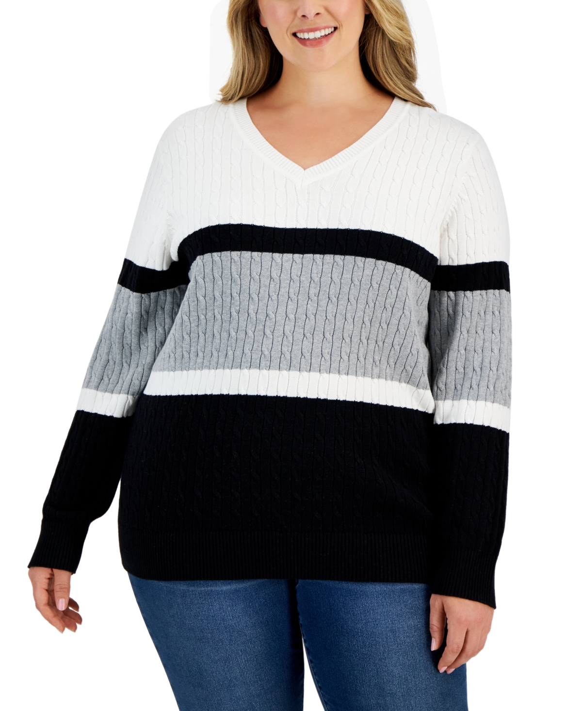 Karen Scott Plus Size Cable-knit Sweater, Created For Macy's In Deep Black Combo