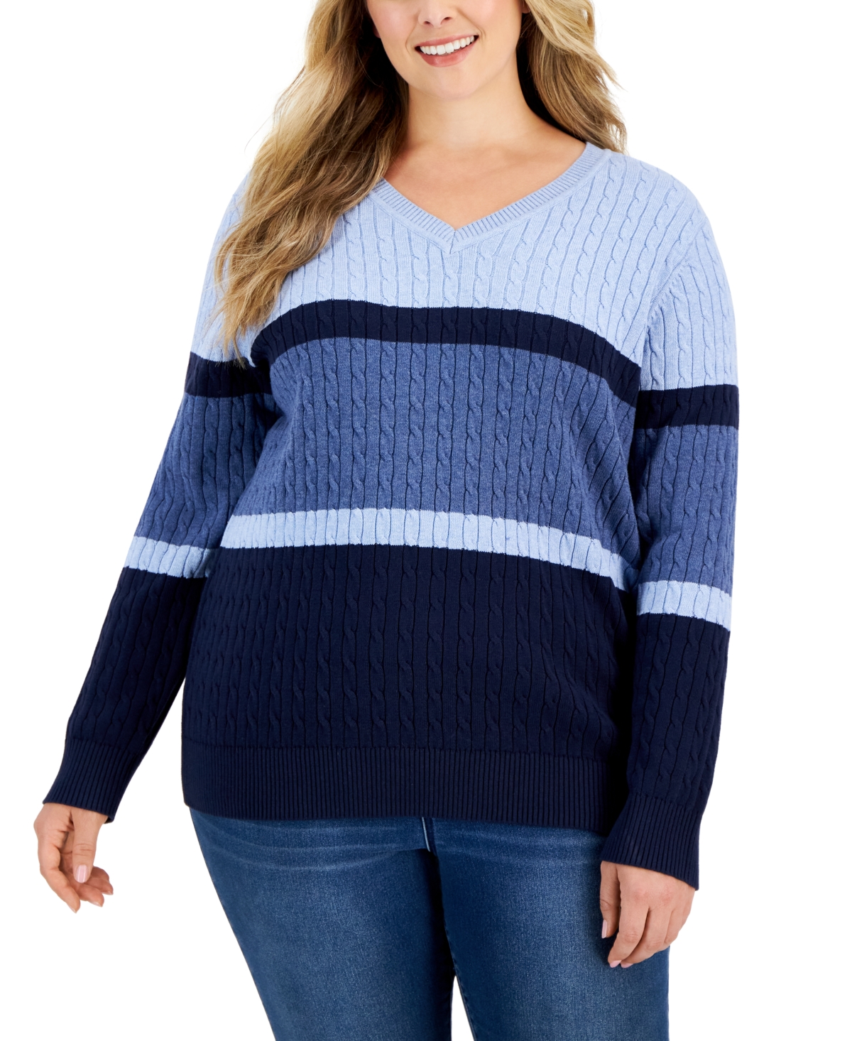 Plus Size Cable-Knit Sweater, Created for Macy's - Intrepid Blue Combo