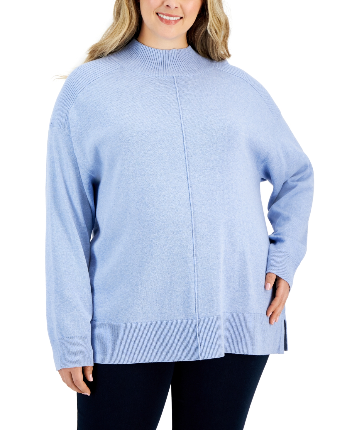 Karen Scott Plus Size Cotton Seam-front Mock-neck Sweater, Created For Macy's In Light Blue Heather