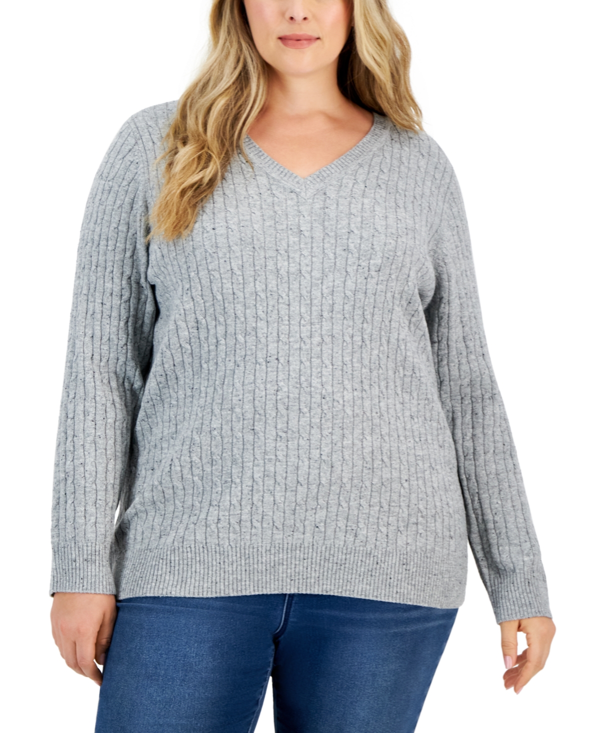 Karen Scott Plus Size Cable-knit V-neck Nep Sweater, Created For Macy's In Smoke Grey Neps