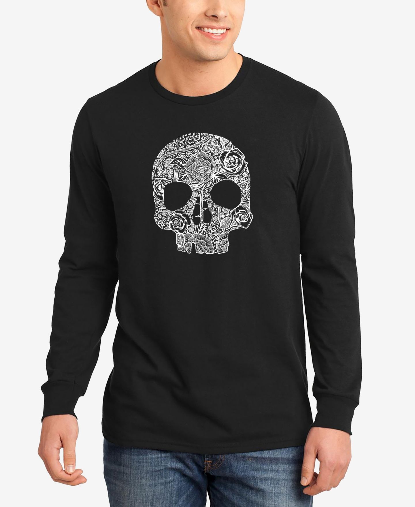 Мужская футболка LA Pop Art Flower Skull Word Art Long Sleeve, цвет: Чёрный — фото 1