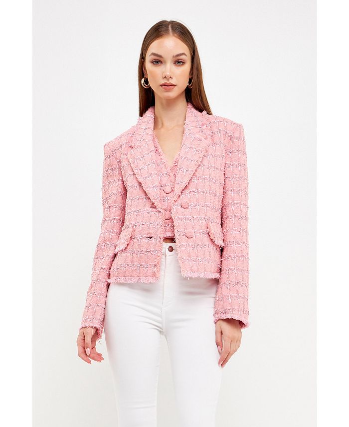 English Factory Women's Tweed Fringed Fitted Blazer - Macy's