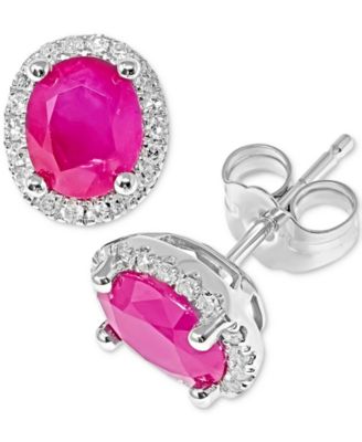Macy's - Ruby (1-1/3 ct. t.w.) & Diamond (1/8 ct. t.w.) Halo Stud Earrings in 14k White Gold