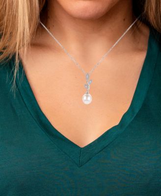 Cultured Freshwater Pearl (8mm) & Lab-Created White Sapphire (1/20 ct. t.w.) Vine 18" Pendant Necklace in Sterling Silver