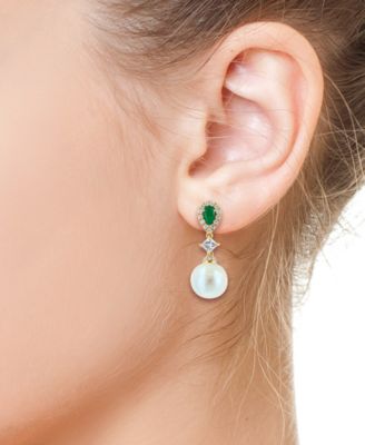 EFFY&reg; Freshwater Pearl (9mm), Emerald (3/8 ct. t.w.) & Diamond (5/8 ct. t.w.) Drop Earrings in 14k Gold