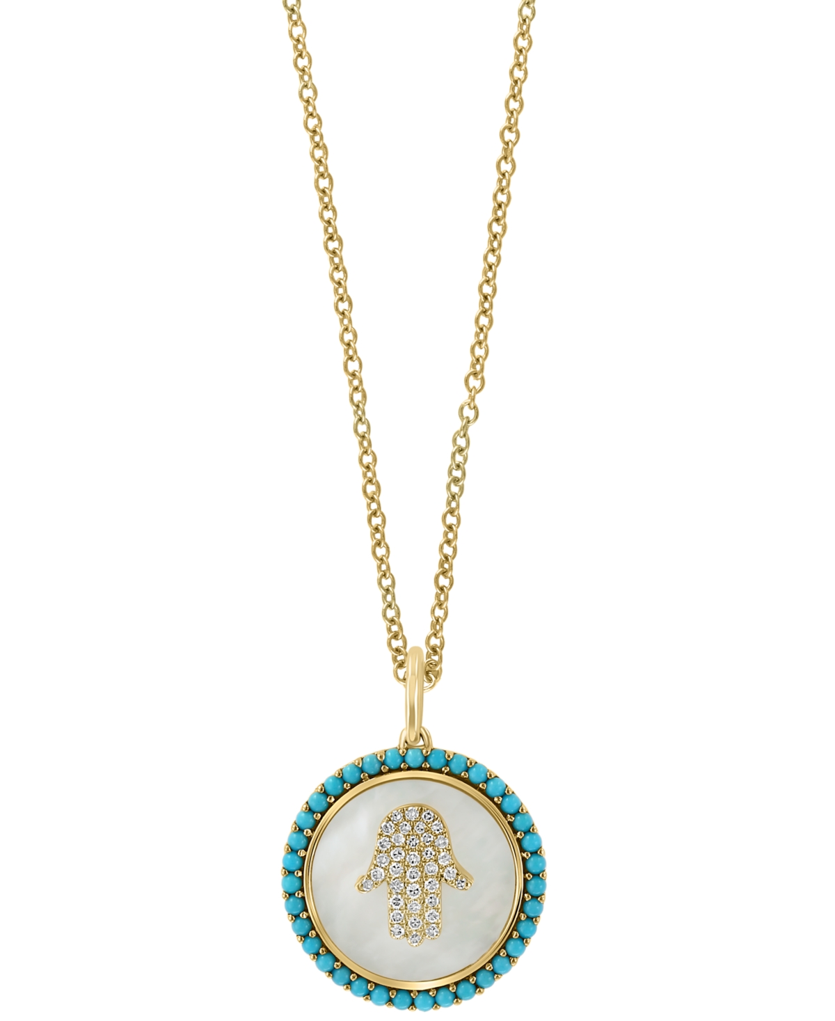 Effy Collection Effy Mother Of Pearl, Turquoise, & Diamond (1/6 Ct. T.w.) Hamsa Hand 18" Pendant Necklace In 14k Gol In K Gold