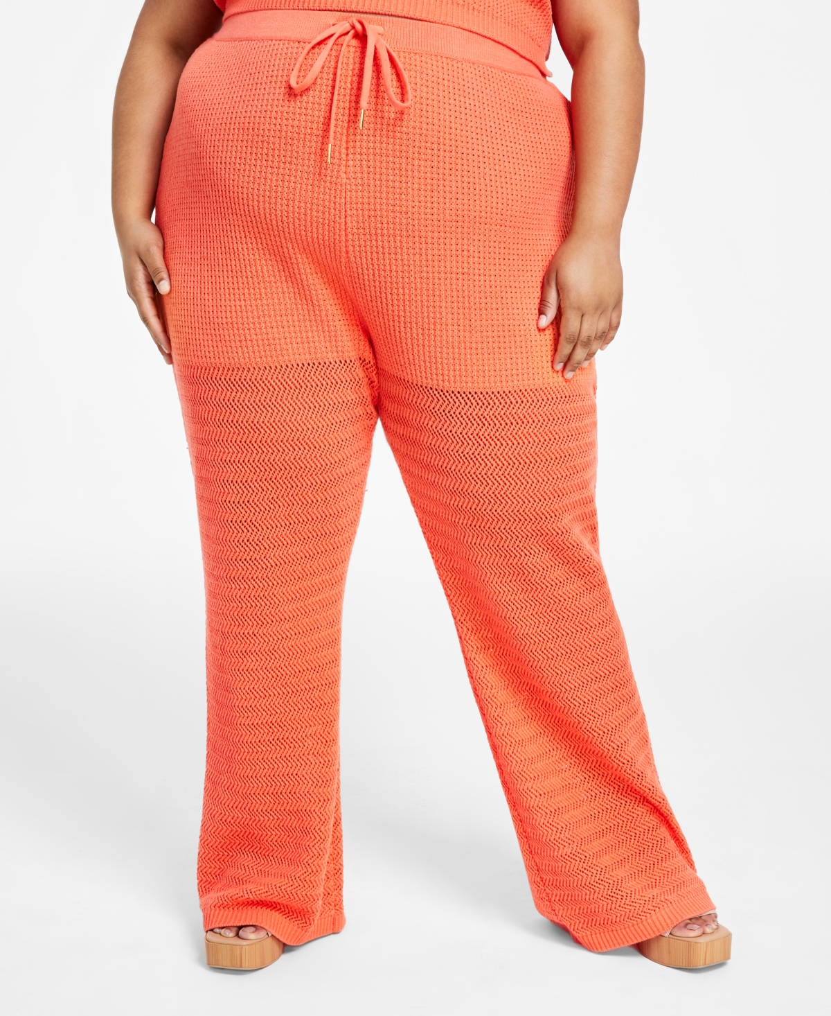 Nina Parker Trendy Plus Size High-rise Crochet Pants In Living Coral