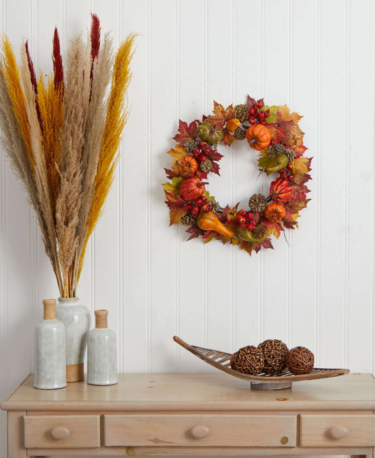 Nearly Natural Pumpkin, Gourd, Berry and Maple Leaf Wreath
