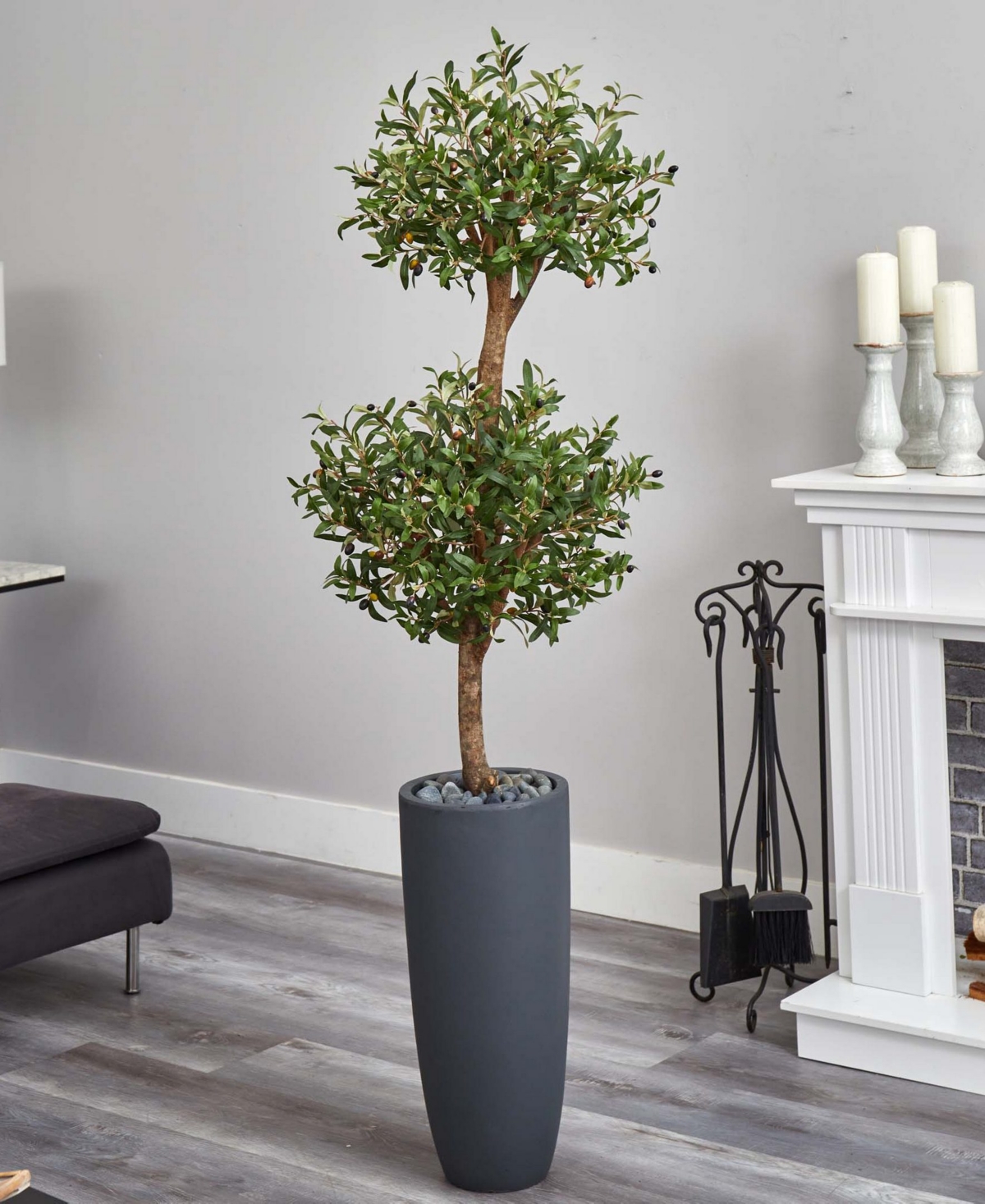 Nearly Natural 6' Olive Double Topiary Artificial Tree in Gray Cylinder Planter
