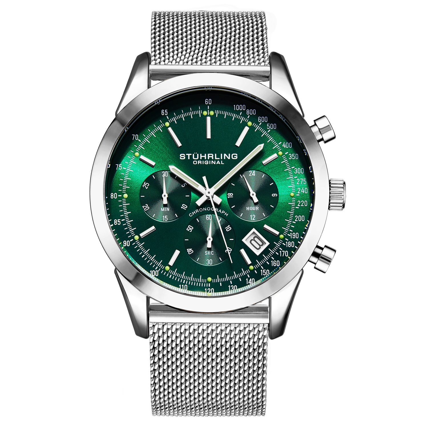 Rialto 3975.9 Men s Chronograph Watch - Quartz Movement, 44mm Silver-Tone Case, Green Dial, Stainless Steel Mesh Bracelet