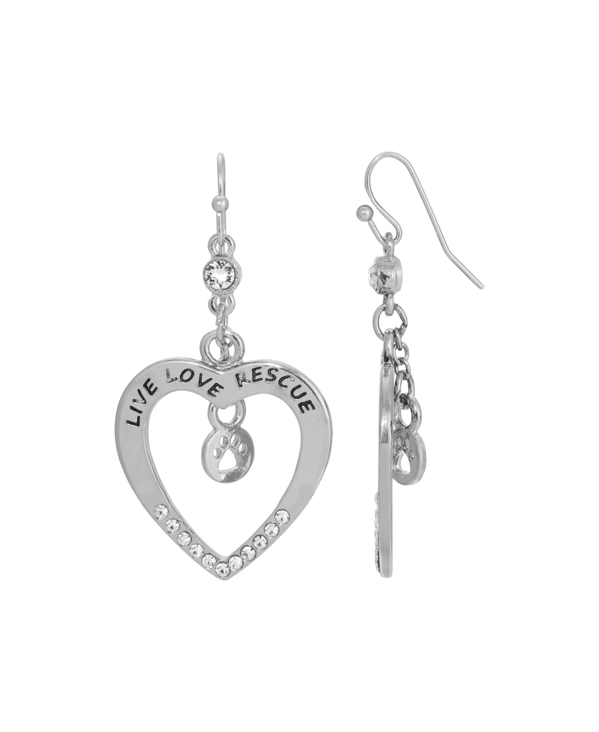 2028 2029 Crystal Heart Live Love Rescue Earrings In Silver