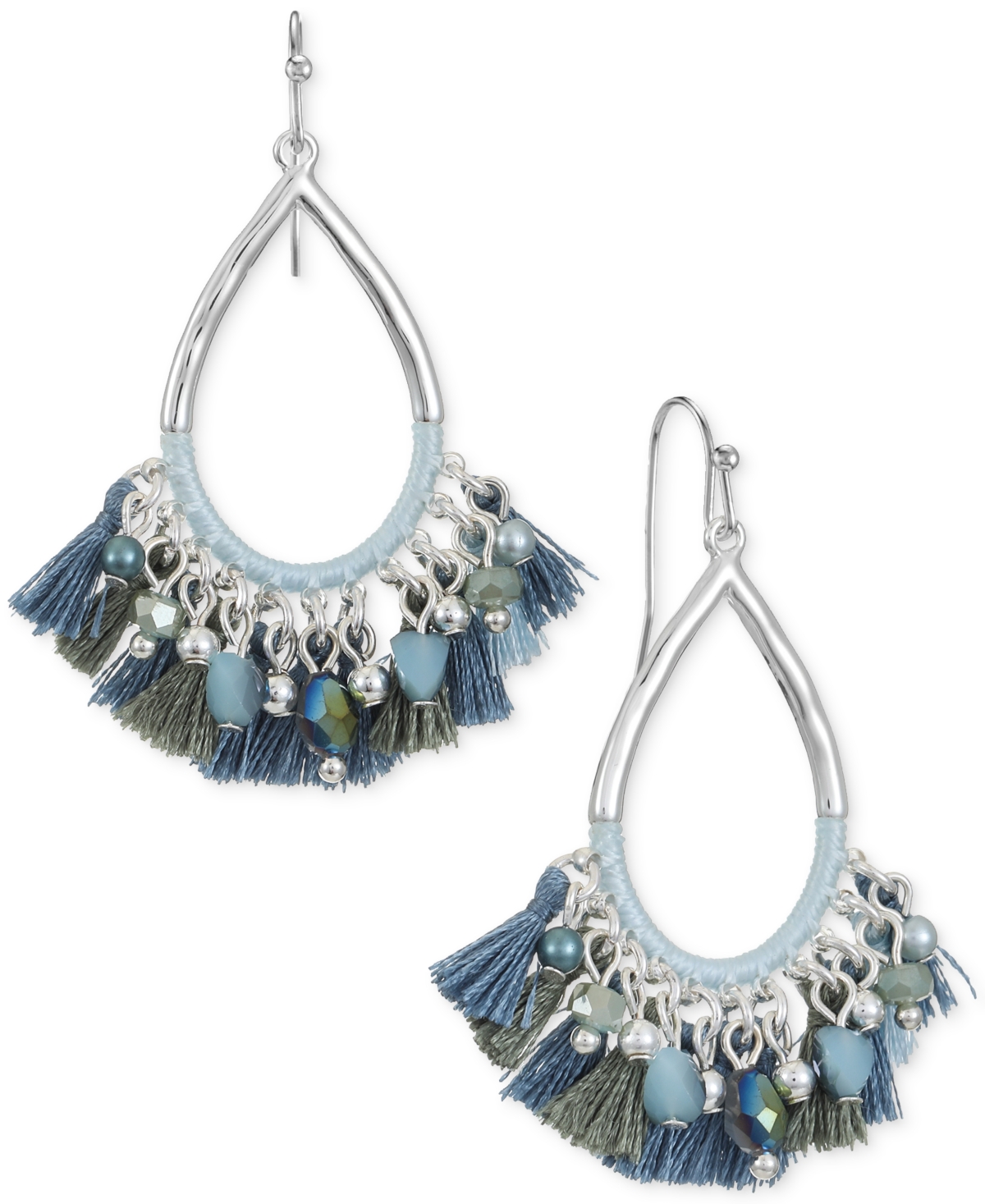 Style & Co Mixed Bead & Tassel Open Pear-shape Drop Earrings, Created For Macy's In Blue