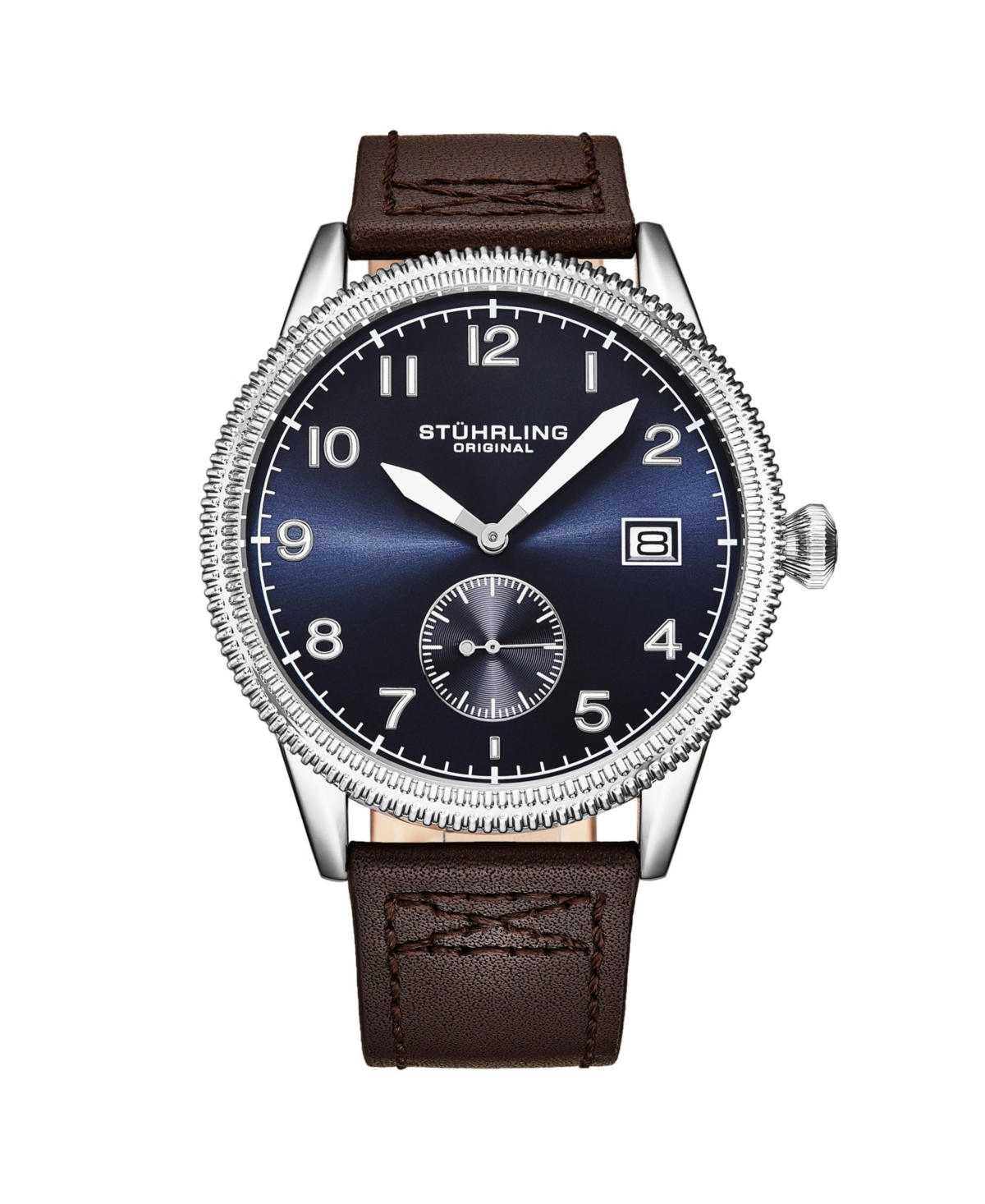 Stuhrling Mens Aviator Brown Leather , Blue Dial , 51mm Round Watch