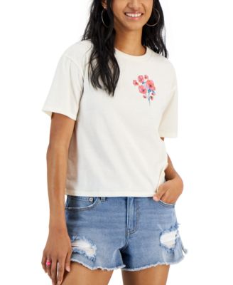 Rebellious One - Juniors' Floral Spread Kindness Graphic-Back Cropped T-Shirt