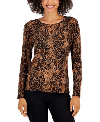 JM Collection - Petite Python-Print Buttoned-Cuff Sweater