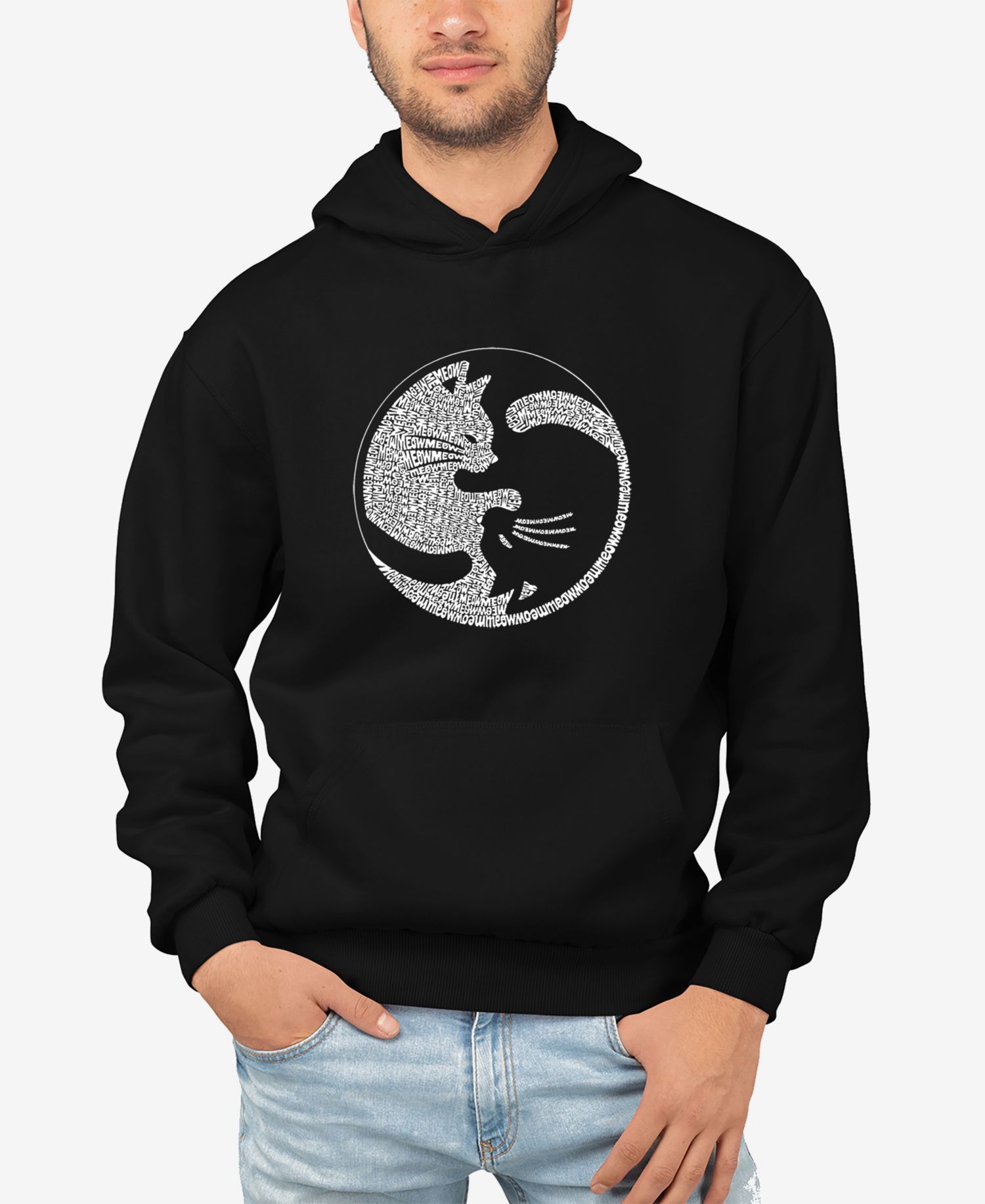 Men's Yin Yang Cat Word Art Long Sleeve Hooded Sweatshirt