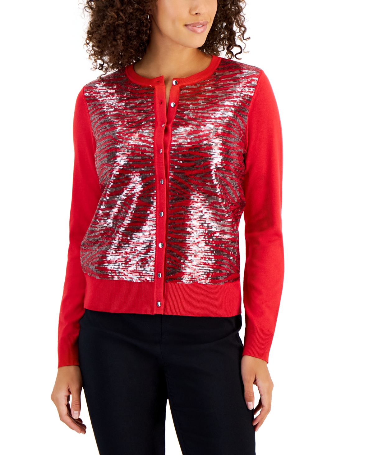 Jm Collection Women's Zebra Sequined Button Cardigan, Created for Macy's