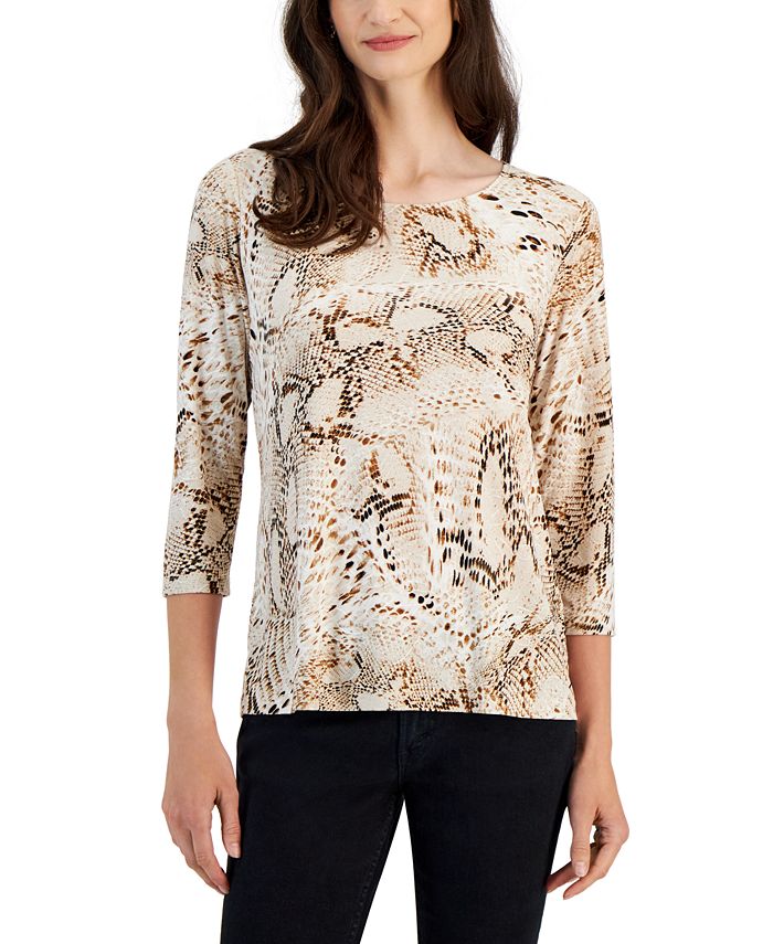JM Collection Women's Animal-Print 3/4-Sleeve Jacquard Top, Created for ...