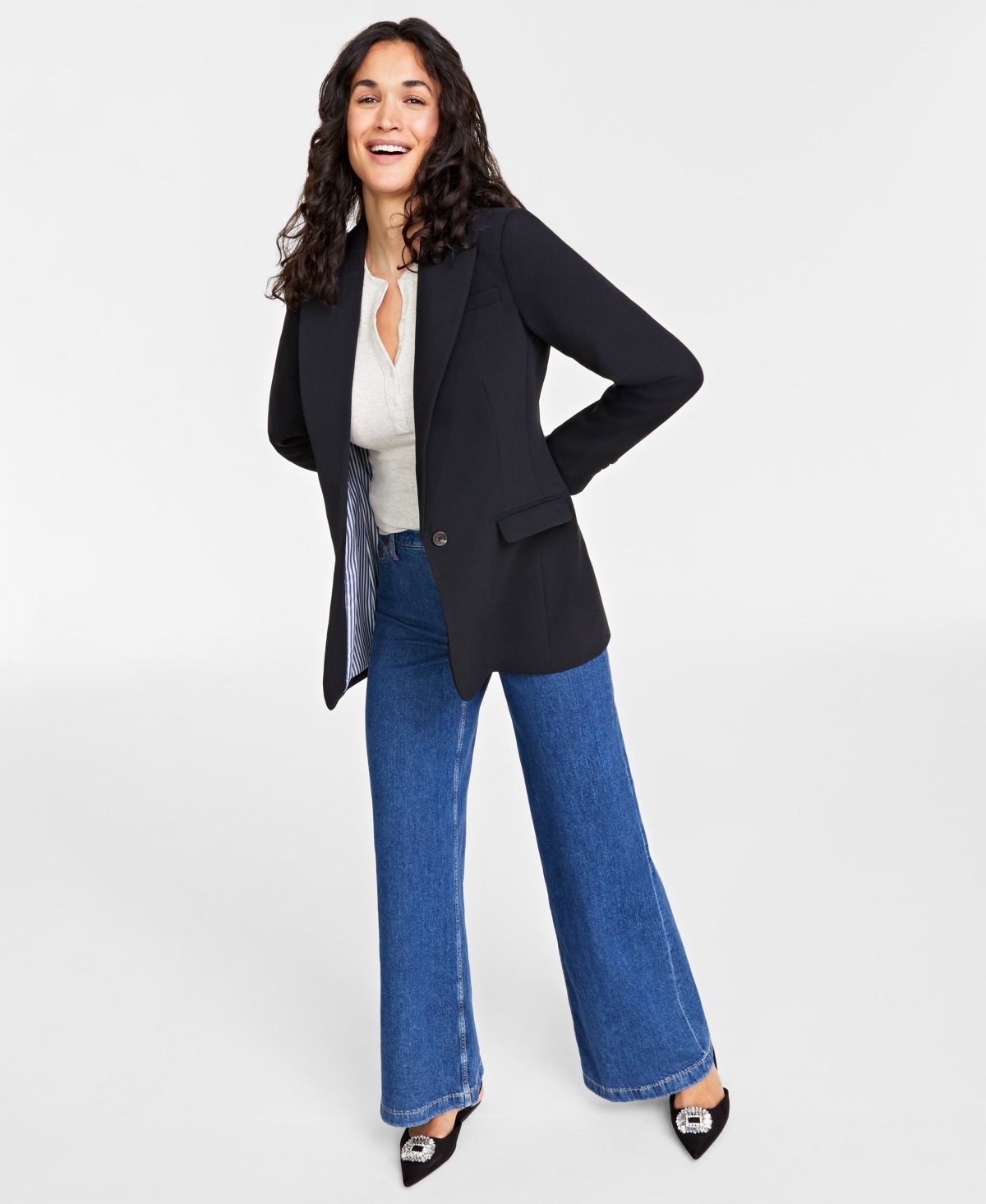 On 34th Women's Solid One-button Boyfriend Blazer, Created For Macy's In Deep Black