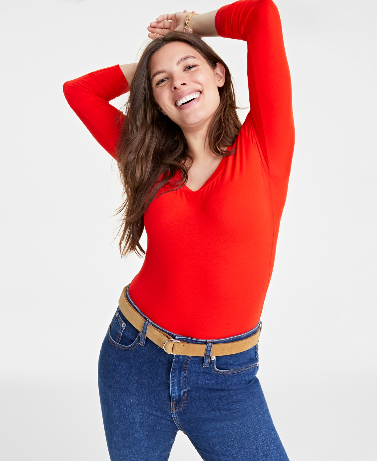 Shop On 34th Women's Modal Long-sleeve Bodysuit, Created For Macy's In Fiery Red