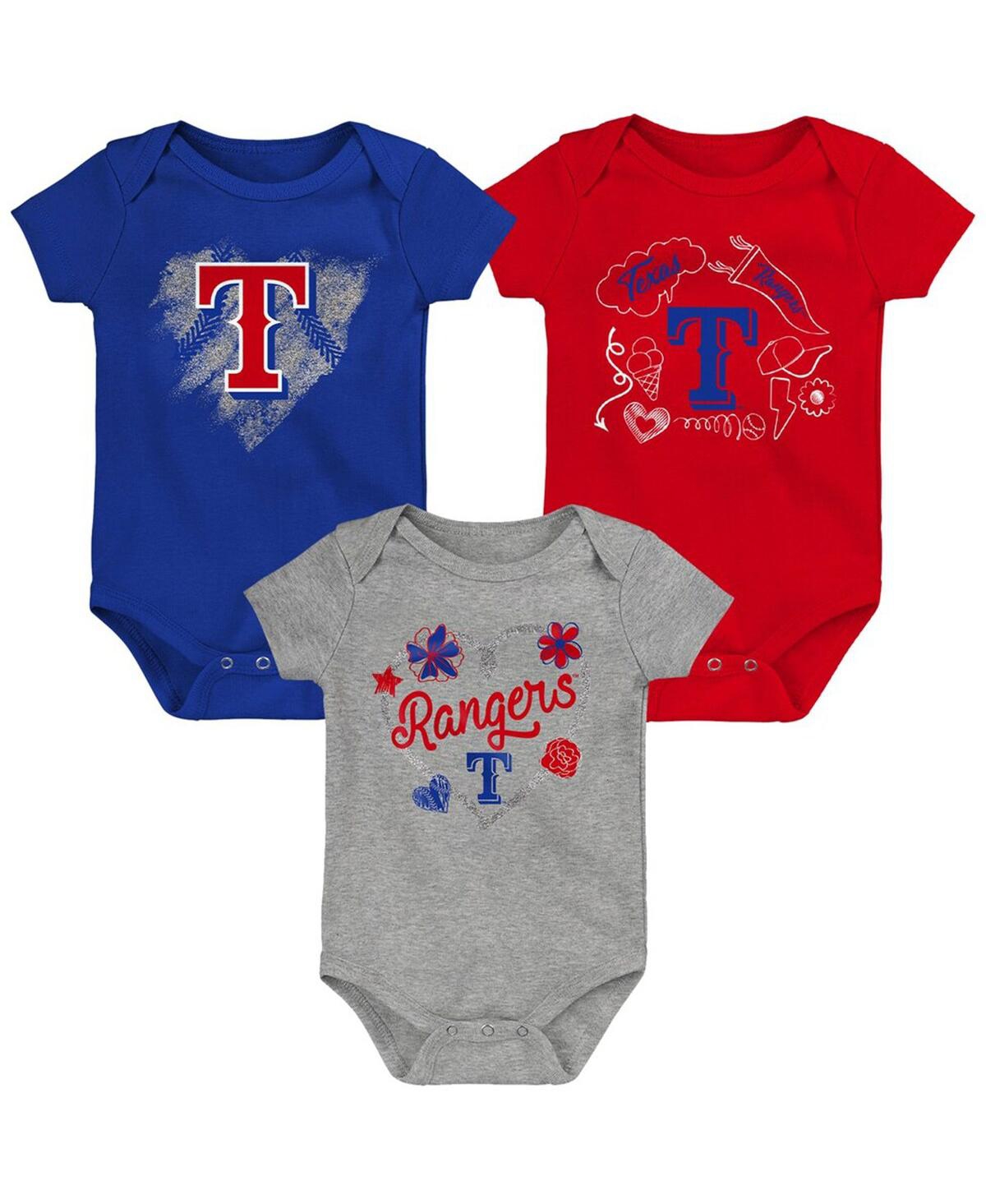 OUTERSTUFF GIRLS NEWBORN AND INFANT ROYAL, RED, HEATHERED GRAY TEXAS RANGERS 3-PACK BATTER UP BODYSUIT SET