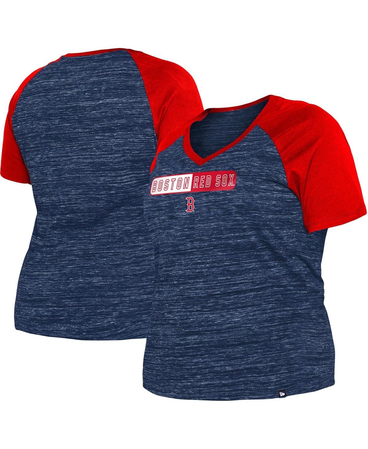 NEW ERA WOMEN'S NEW ERA NAVY BOSTON RED SOX PLUS SIZE SPACE DYE RAGLAN V-NECK T-SHIRT 