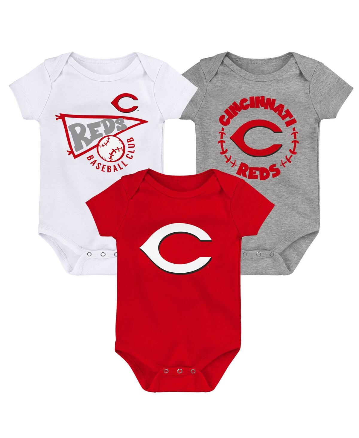 OUTERSTUFF NEWBORN AND INFANT BOYS AND GIRLS RED, WHITE, HEATHER GRAY CINCINNATI REDS BIGGEST LITTLE FAN 3-PACK