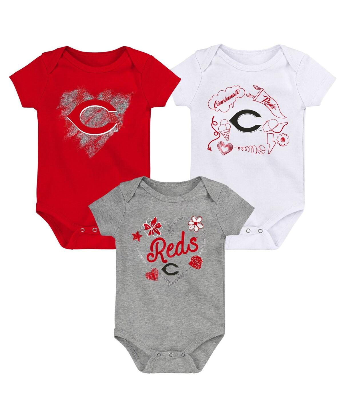Shop Outerstuff Infant Boys And Girls White, Red, Gray Cincinnati Reds Batter Up 3-pack Bodysuit Set In White,red,gray