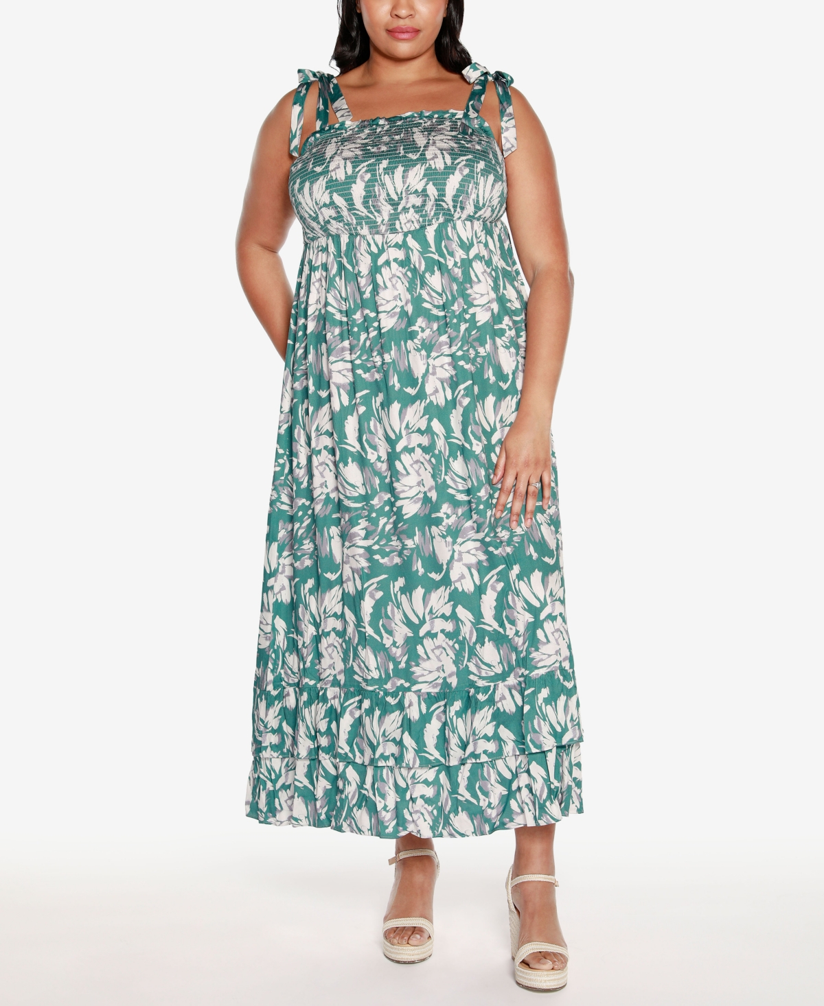 Belldini Black Label Plus Size Floral Print Smocked Maxi Dress