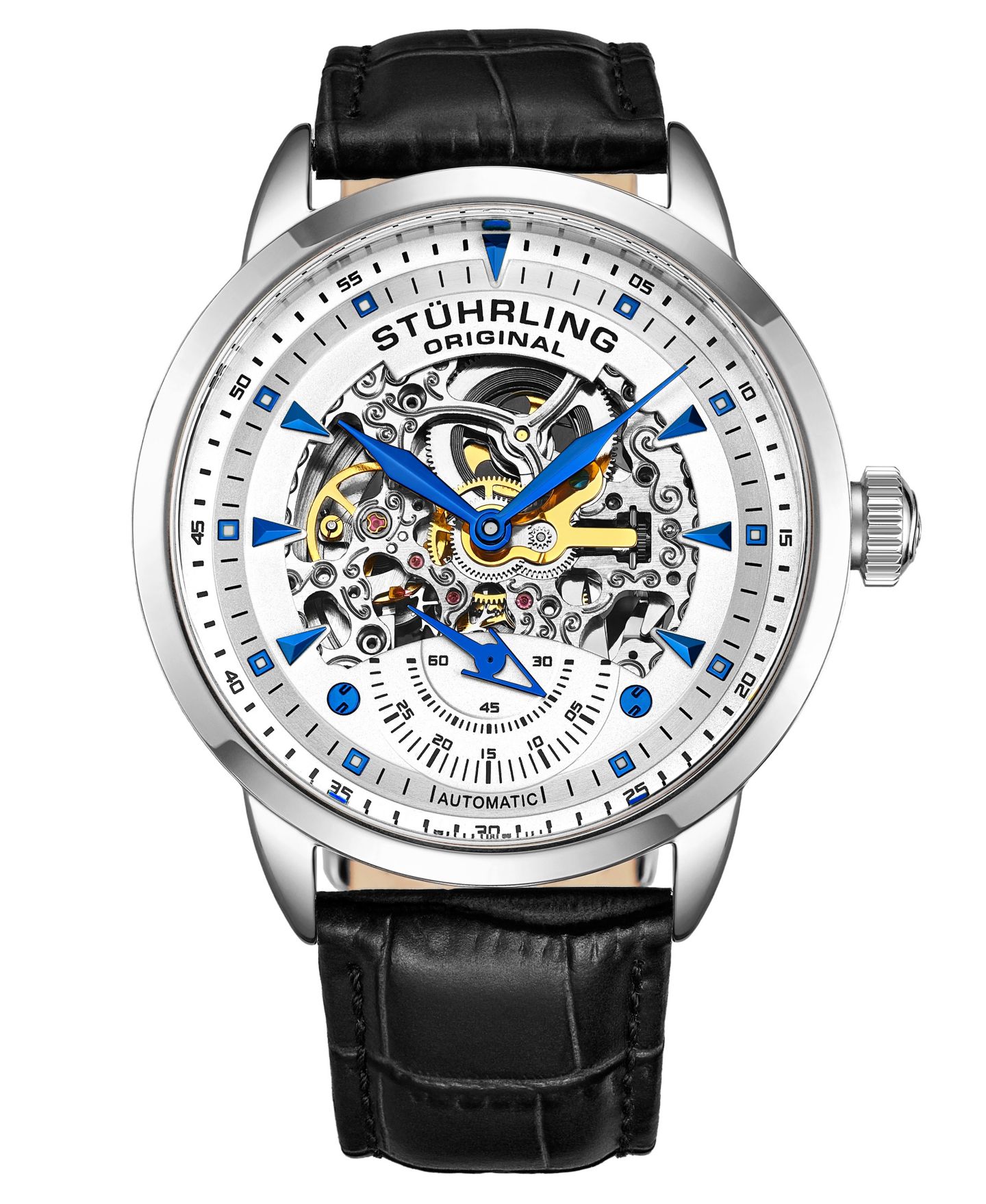 Мужские круглые часы Stuhrling Legacy с чёрным кожаным ремешком, белый циферблат, 44 мм — фото 1