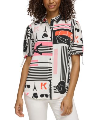 KARL LAGERFELD PARIS - Women's Logo-Print Cinch-Sleeve Blouse
