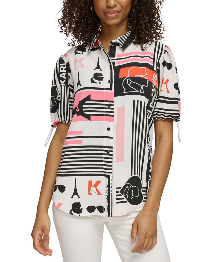 KARL LAGERFELD PARIS Women's Logo-Print Cinch-Sleeve Blouse - Macy's